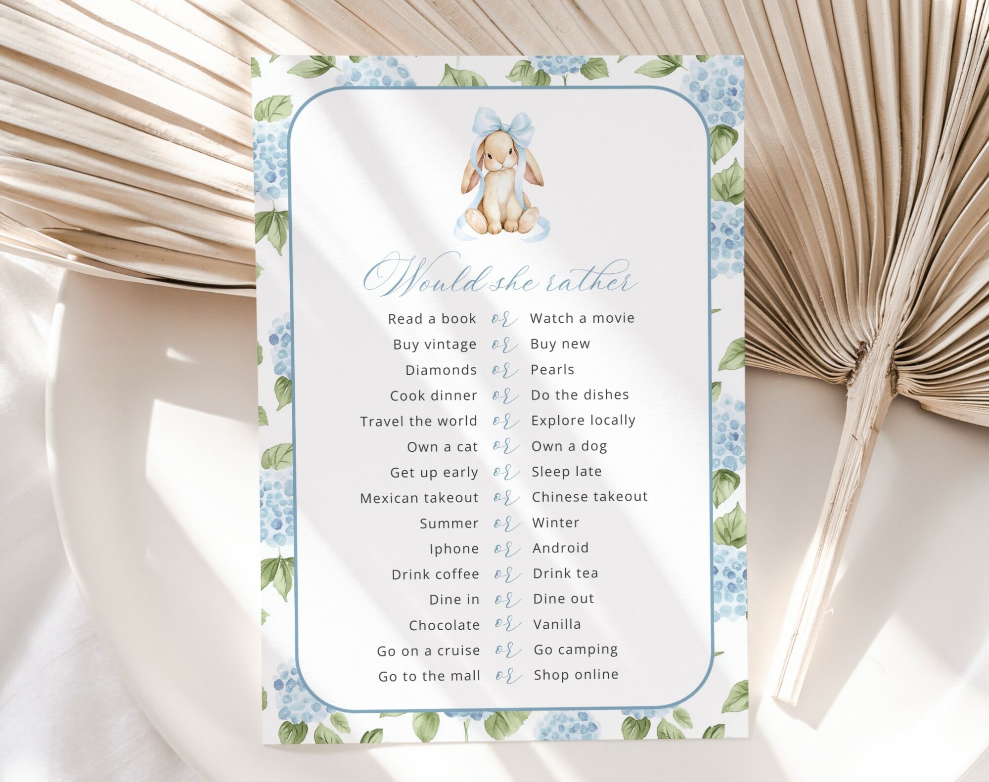 Baby Bunny and Blue Flowers Baby Shower Games, Set of 3 Games, Boy Baby Shower, Printable File, Edit Yourself, SH259