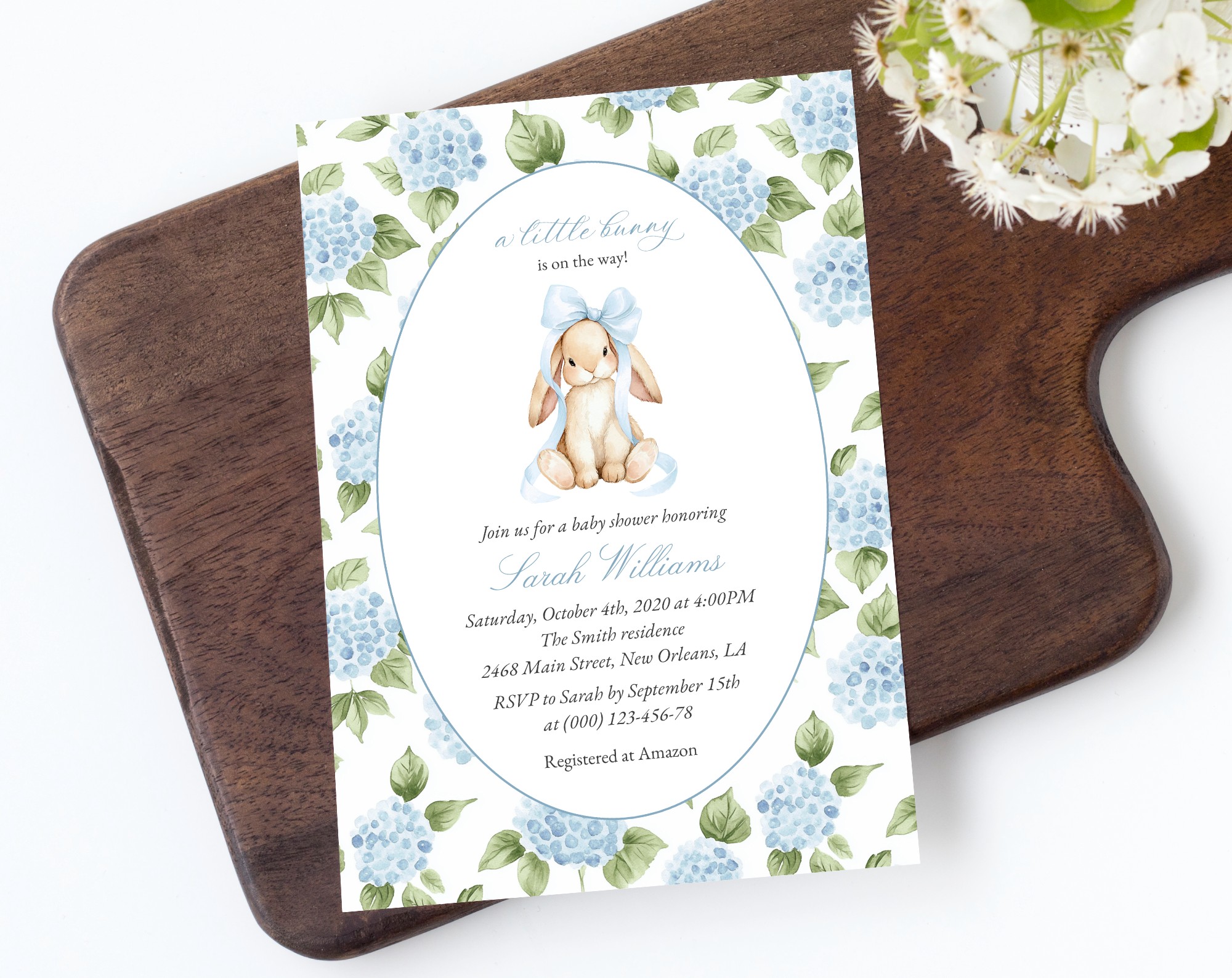 Baby Bunny and Blue Flowers Baby Shower Invitation, Boy Baby Shower, Printable File, Edit Yourself, SH259
