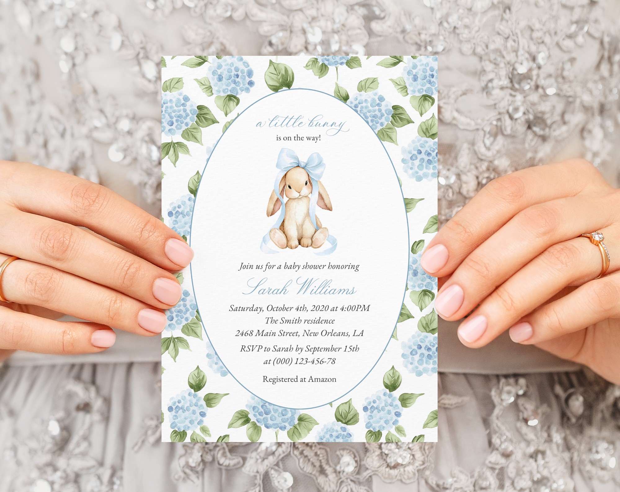 Baby Bunny and Blue Flowers Baby Shower Invitation, Boy Baby Shower, Printable File, Edit Yourself, SH259