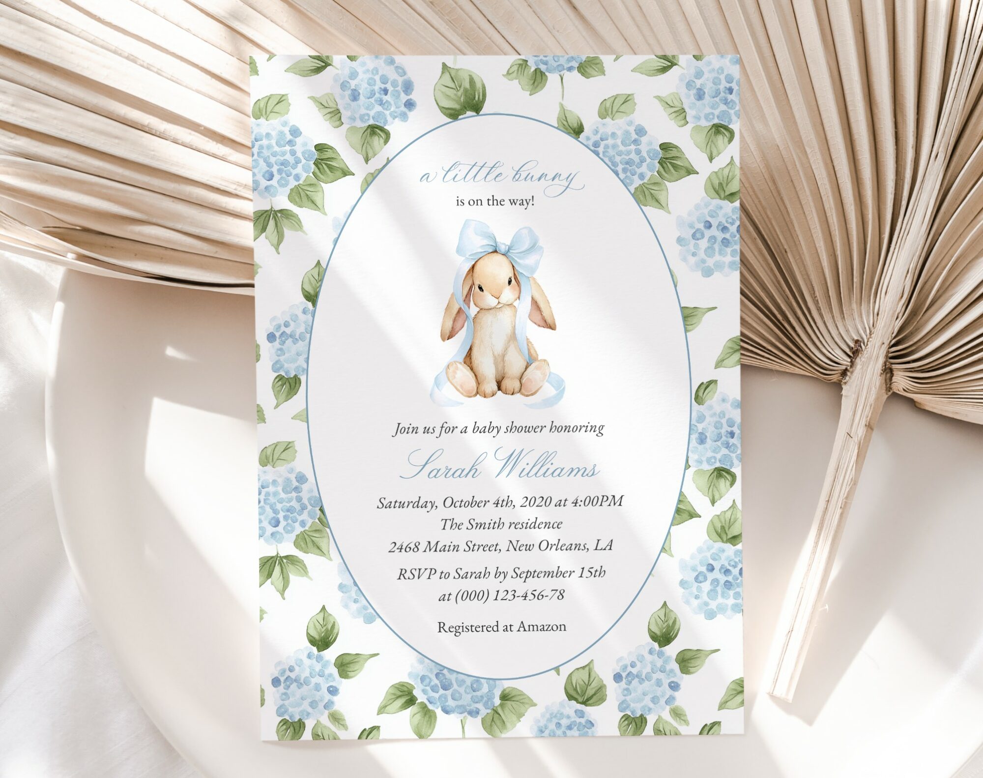 Baby Bunny and Blue Flowers Baby Shower Invitation, Boy Baby Shower, Printable File, Edit Yourself, SH259