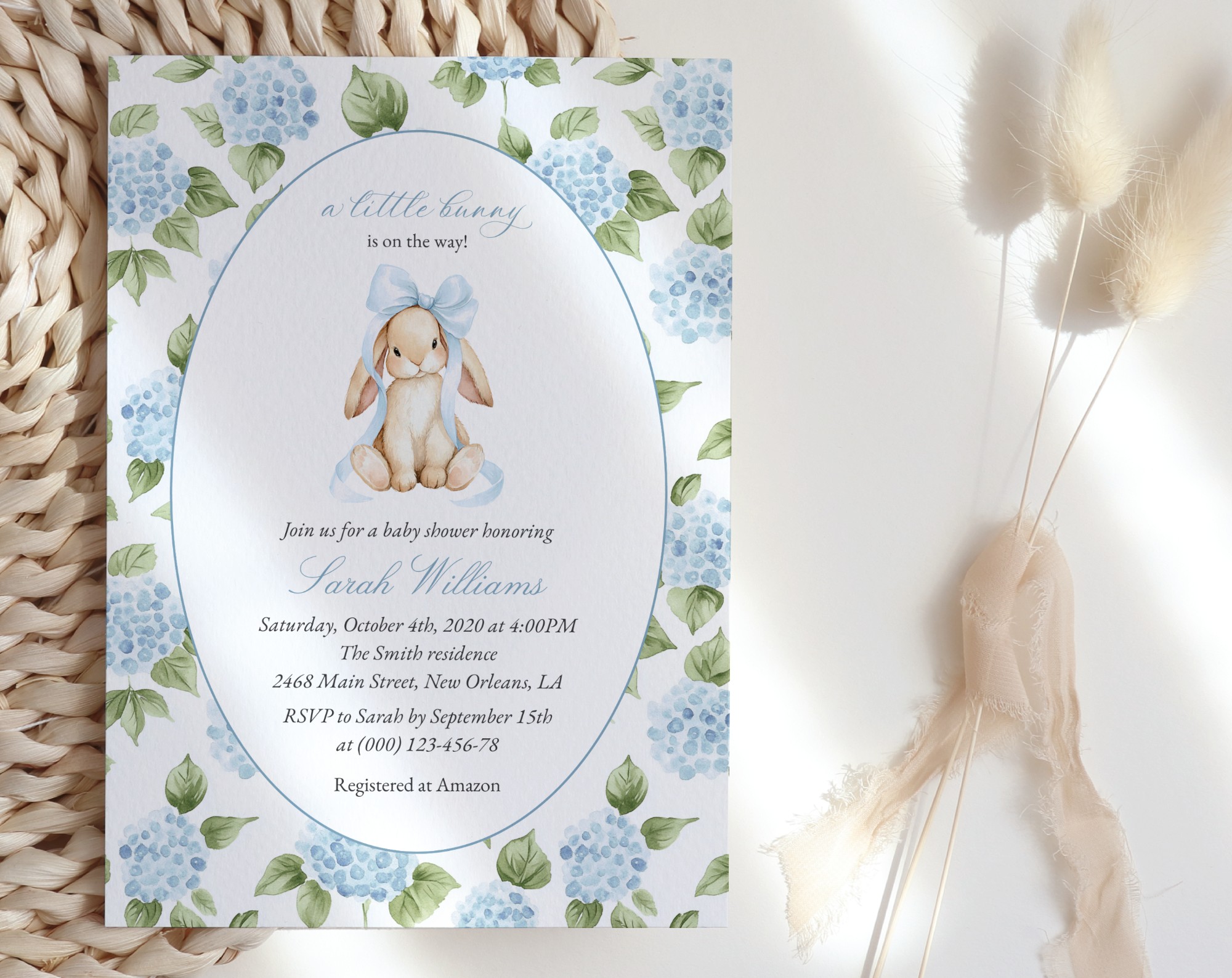 Baby Bunny and Blue Flowers Baby Shower Invitation, Boy Baby Shower, Printable File, Edit Yourself, SH259