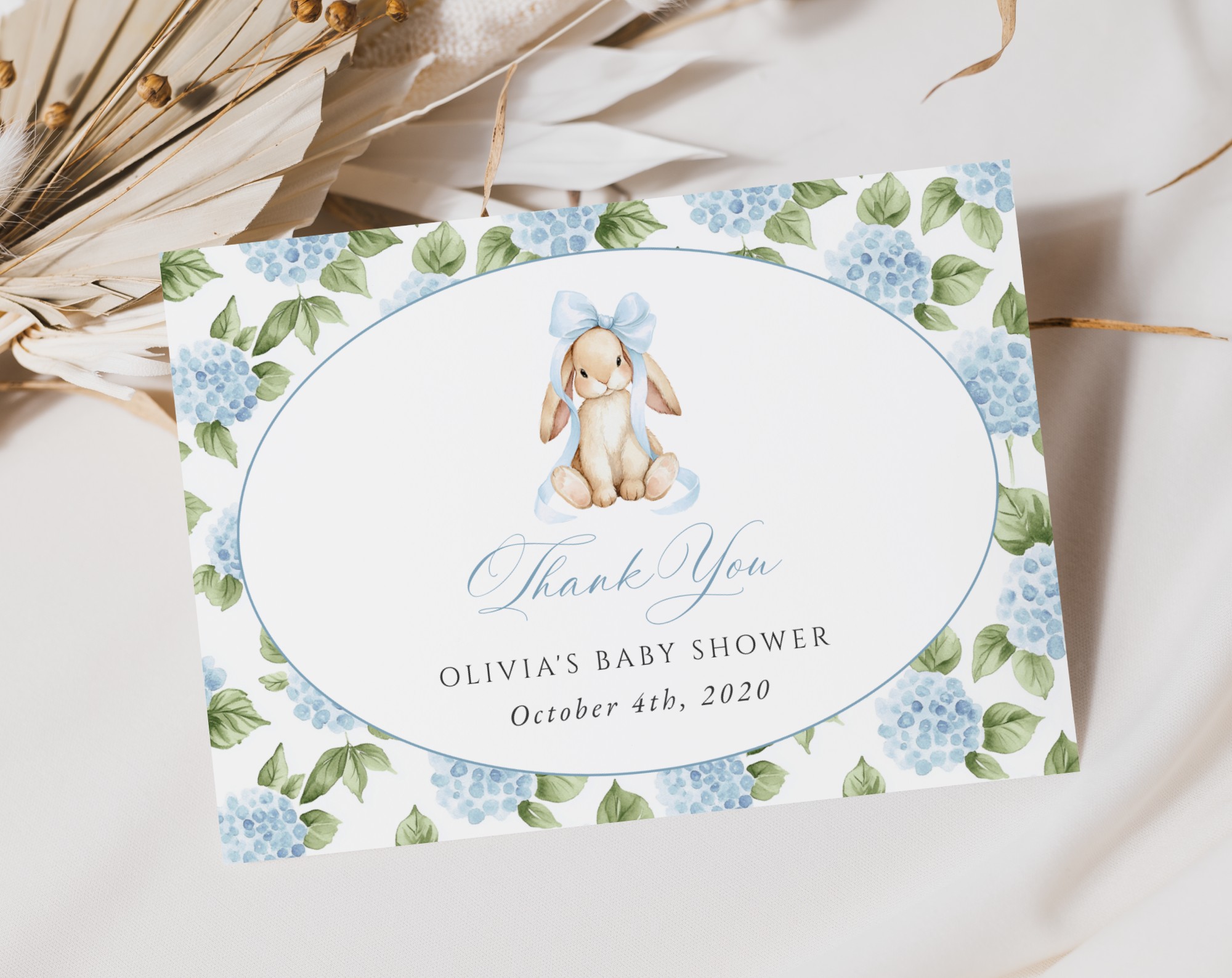 Baby Bunny and Blue Flowers Thank You Card, Boy Baby Shower, Printable File, Edit Yourself, SH259