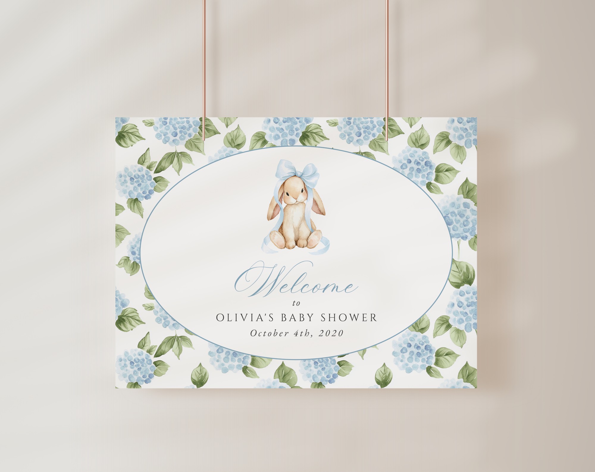 Baby Bunny and Blue Flowers Welcome Sign, Baby Shower Sign, Boy Baby Shower, Printable File, Edit Yourself, SH259