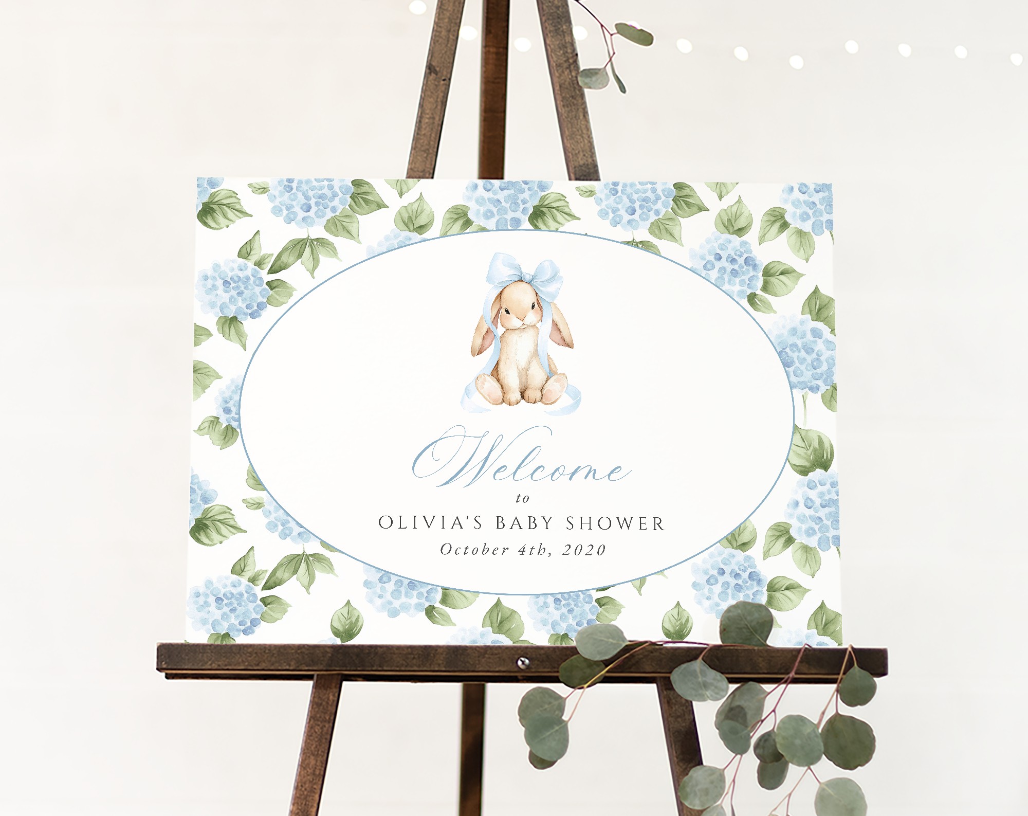 Baby Bunny and Blue Flowers Welcome Sign, Baby Shower Sign, Boy Baby Shower, Printable File, Edit Yourself, SH259