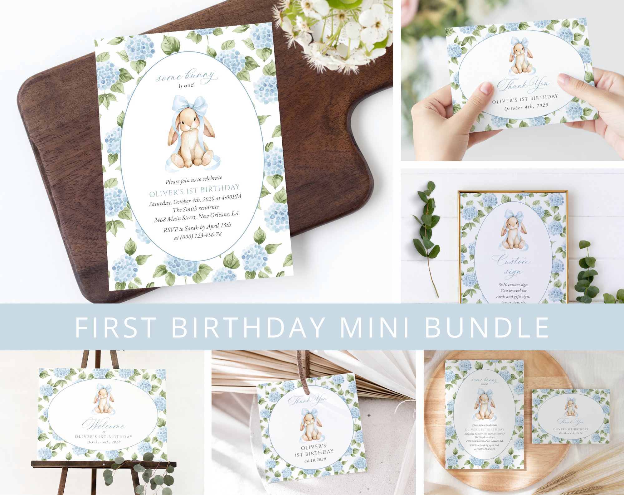 Baby Bunny and Blue Flowers First Birthday Mini Bundle, Boy Birthday, Printable File, Edit Yourself, SH260 Baby Bunny and Blue Flowers First Birthday Mini Bundle, Boy Birthday, Printable File, Edit Yourself, SH260
