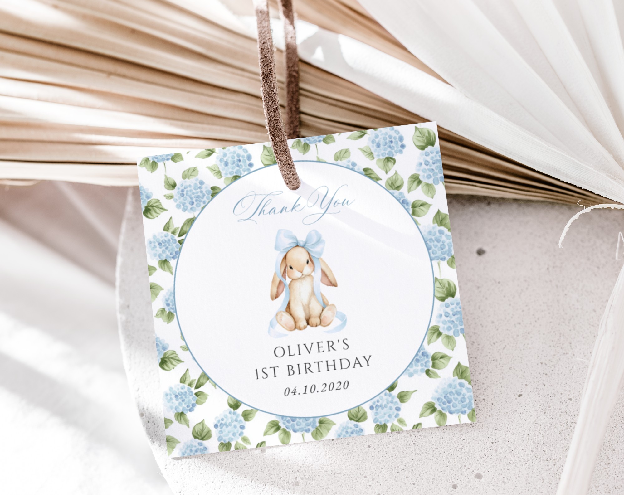 Baby Bunny and Blue Flowers Favor Tags, First Birthday, Boy Birthday, Printable File, Edit Yourself, SH260