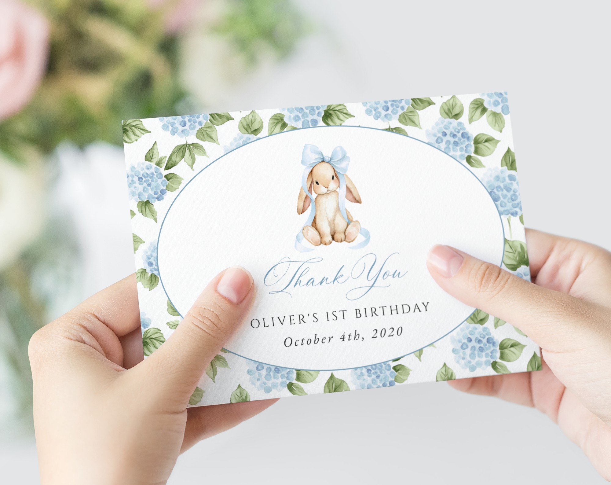 Baby Bunny and Blue Flowers Thank You Card, First Birthday, Boy Birthday, Printable File, Edit Yourself, SH260 Baby Bunny and Blue Flowers Thank You Card, First Birthday, Boy Birthday, Printable File, Edit Yourself, SH260