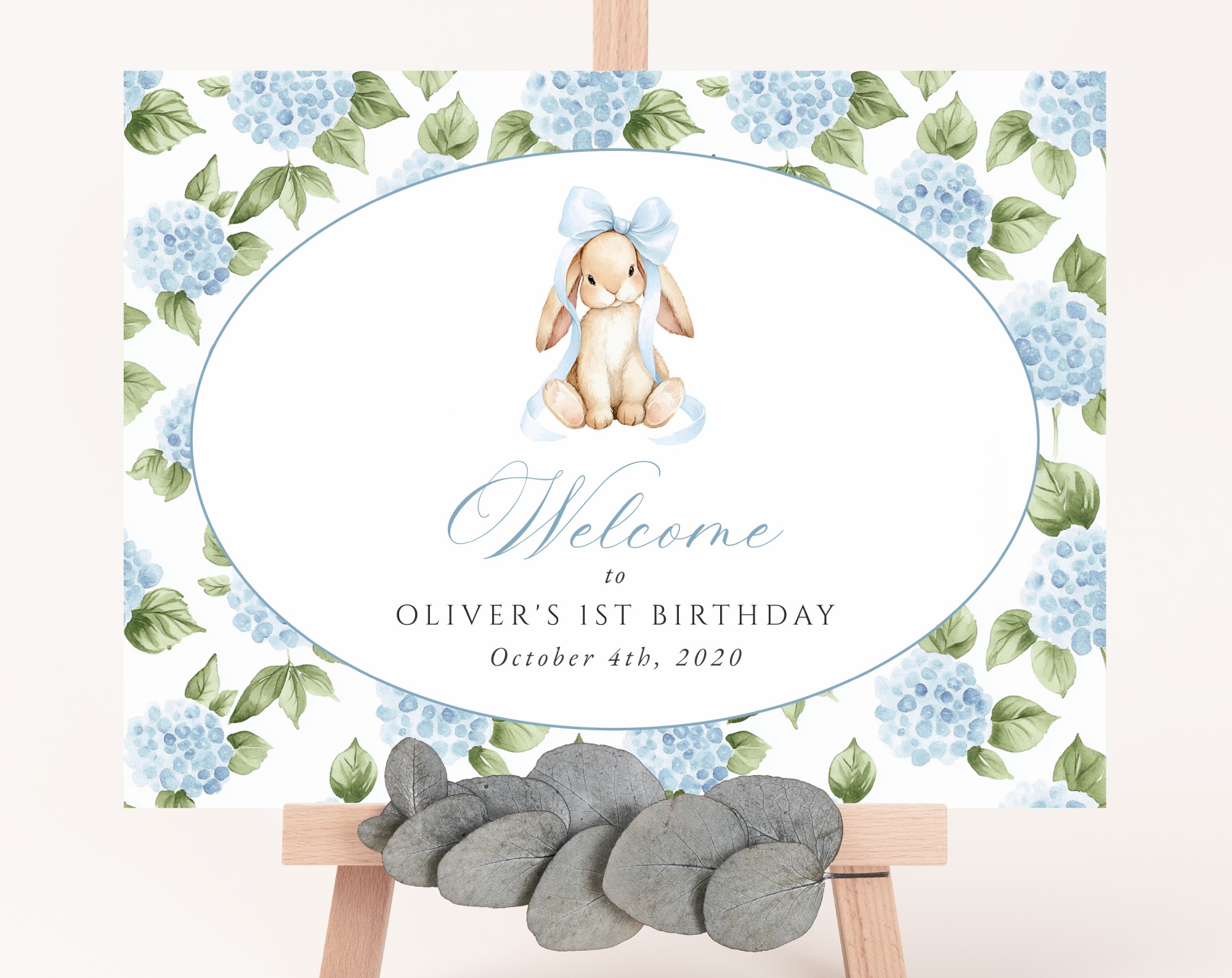 Baby Bunny and Blue Flowers Welcome Sign, First Birthday, Boy Birthday, Printable File, Edit Yourself, SH260