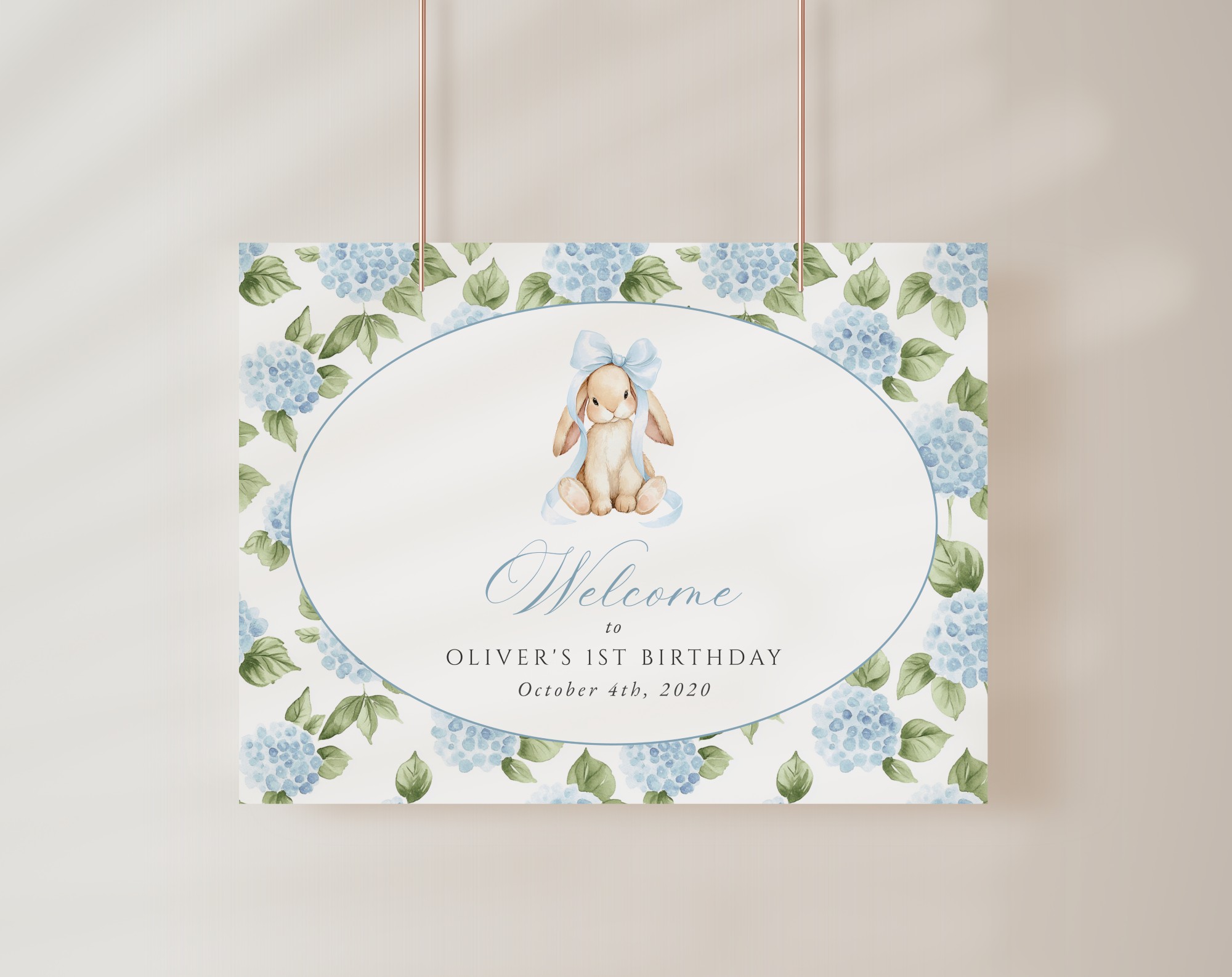Baby Bunny and Blue Flowers Welcome Sign, First Birthday, Boy Birthday, Printable File, Edit Yourself, SH260