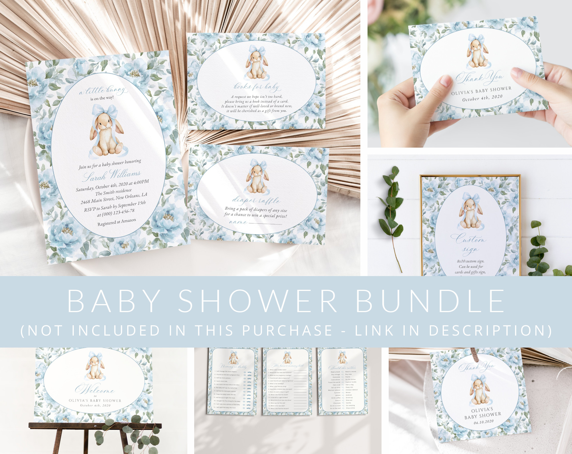 Bunny and Blue Flowers Baby Shower Mini Bundle, Boy Baby Shower, Printable File, Edit Yourself, SH261