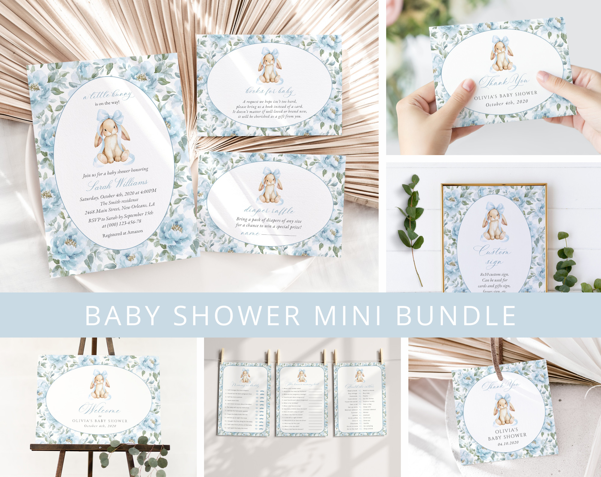 Bunny and Blue Flowers Baby Shower Mini Bundle, Boy Baby Shower, Printable File, Edit Yourself, SH261
