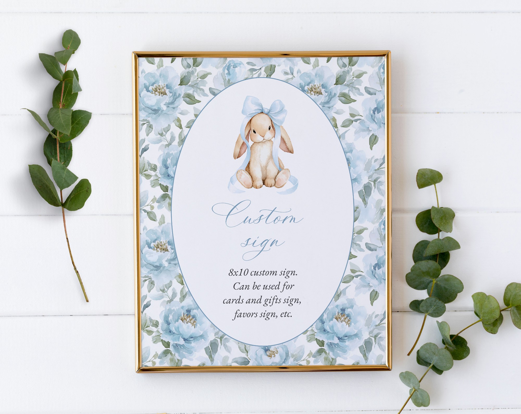 Bunny and Blue Flowers Custom Sign, Printable File, Edit Yourself, SH261 SH262 Bunny and Blue Flowers Custom Sign, Printable File, Edit Yourself, SH261 SH262
