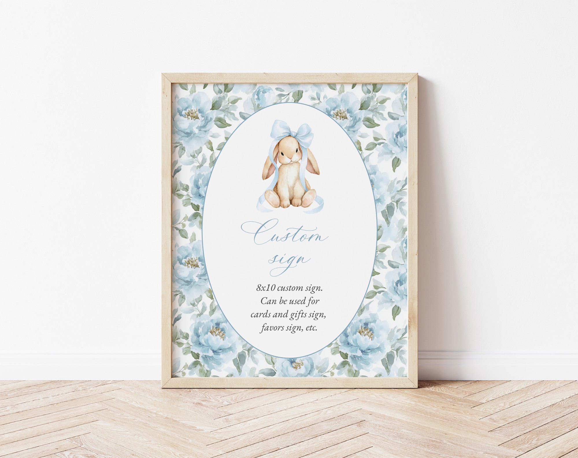Bunny and Blue Flowers Custom Sign, Printable File, Edit Yourself, SH261 SH262