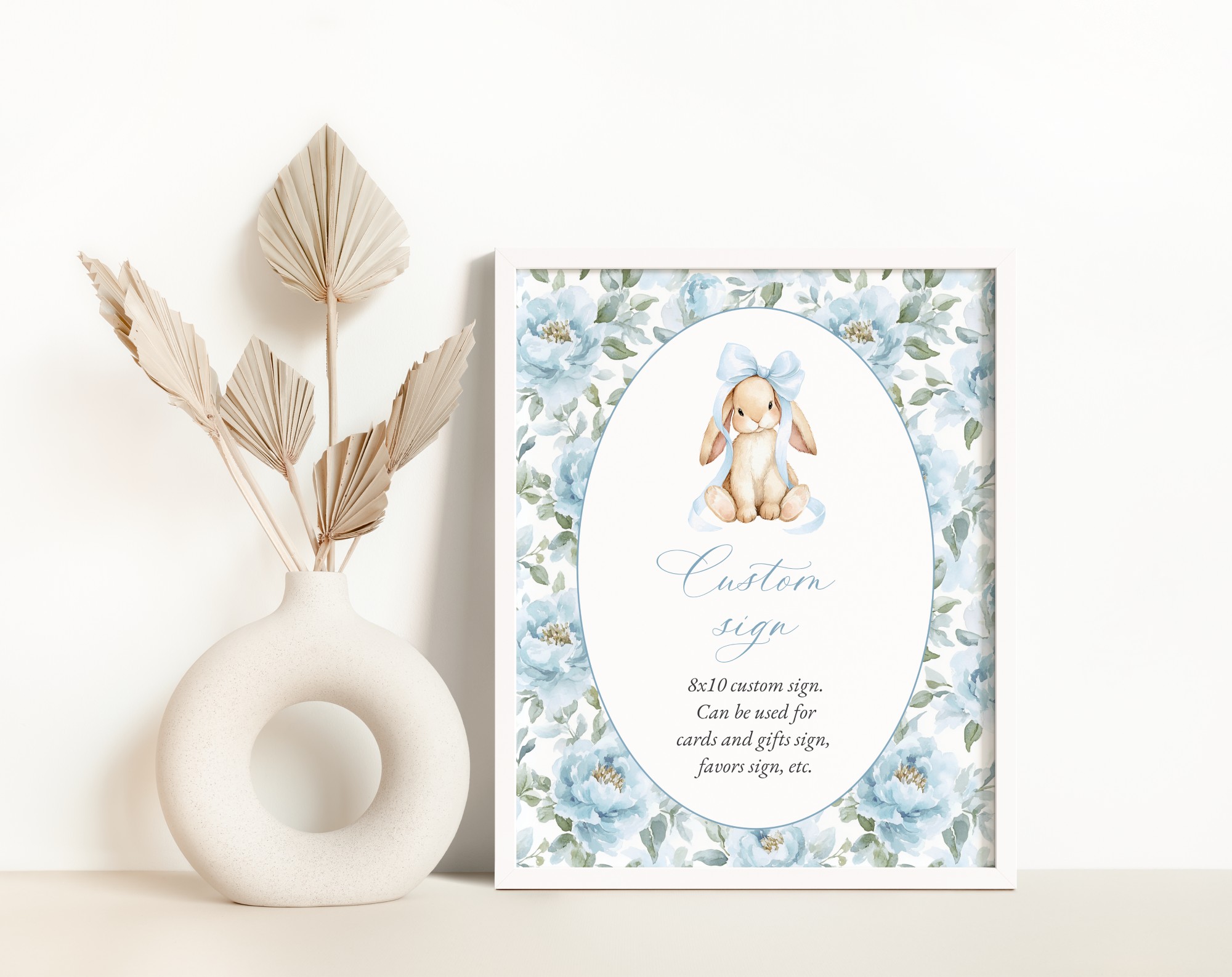 Bunny and Blue Flowers Custom Sign, Printable File, Edit Yourself, SH261 SH262