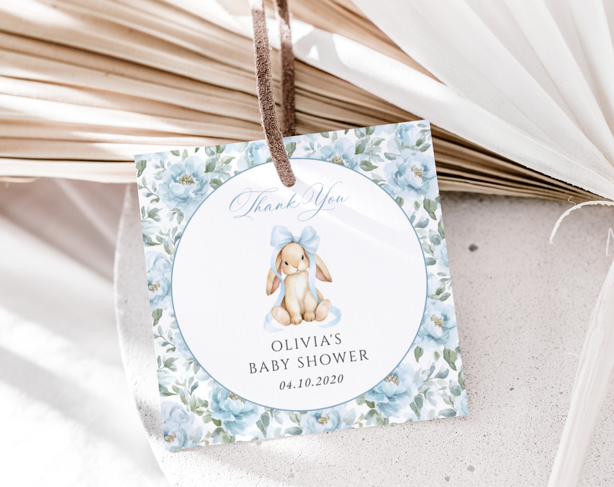 Bunny and Blue Flowers Favor Tags, Gift Tags, Boy Baby Shower, Printable File, Edit Yourself, SH261