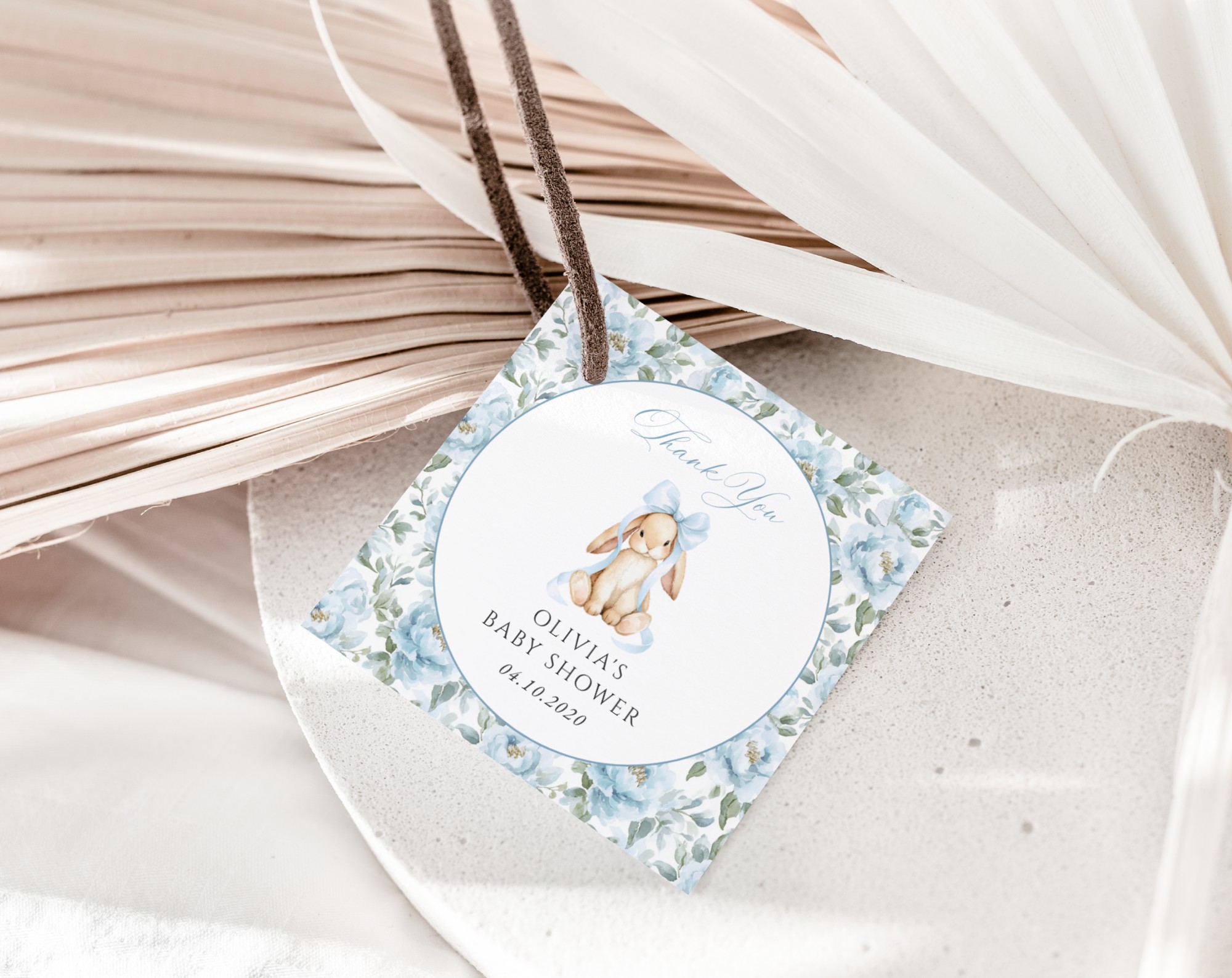 Bunny and Blue Flowers Favor Tags, Gift Tags, Boy Baby Shower, Printable File, Edit Yourself, SH261