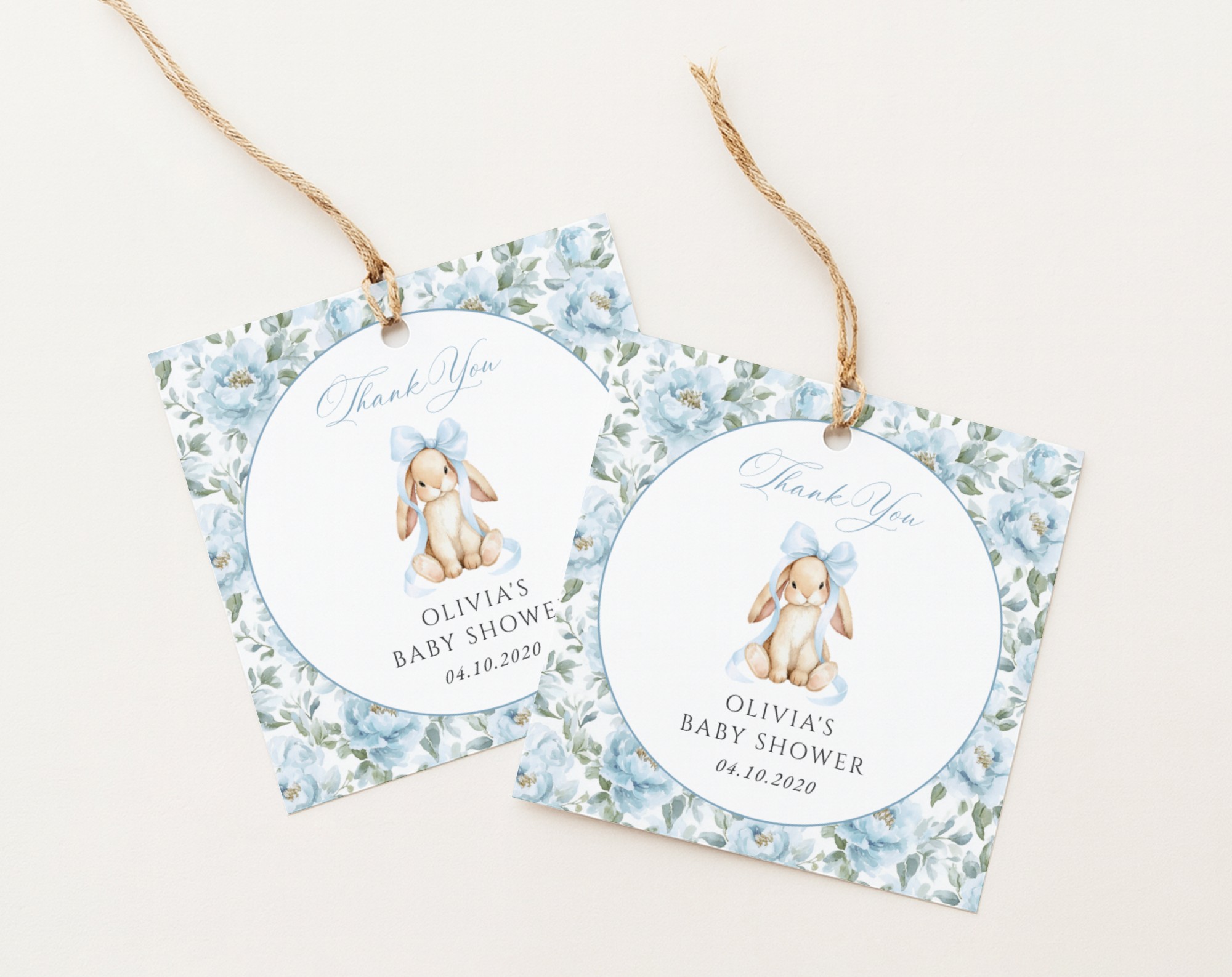 Bunny and Blue Flowers Favor Tags, Gift Tags, Boy Baby Shower, Printable File, Edit Yourself, SH261