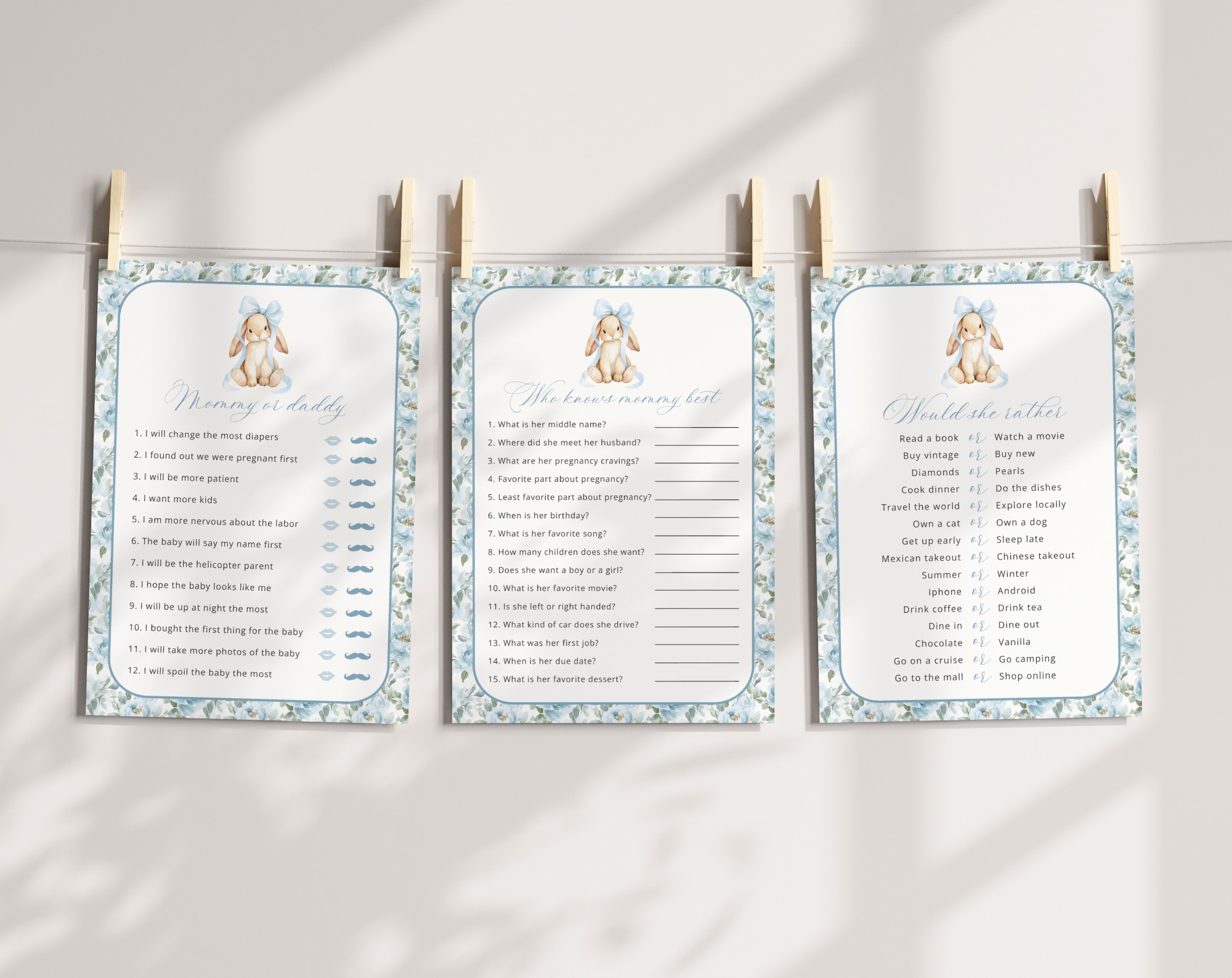 Bunny and Blue Flowers Baby Shower Games, Set of 3 Games, Boy Baby Shower, Printable File, Edit Yourself, SH261 Bunny and Blue Flowers Baby Shower Games, Set of 3 Games, Boy Baby Shower, Printable File, Edit Yourself, SH261