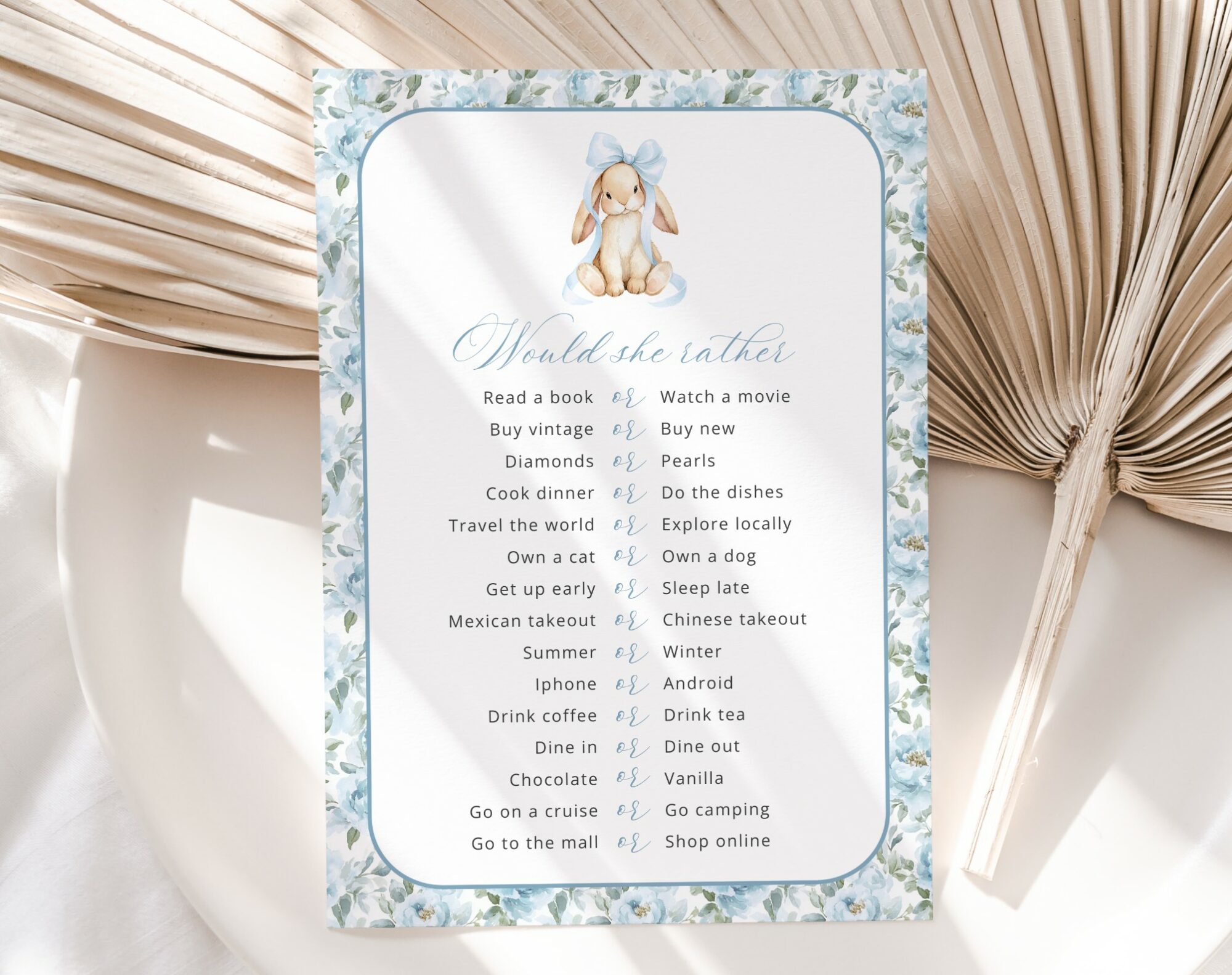 Bunny and Blue Flowers Baby Shower Games, Set of 3 Games, Boy Baby Shower, Printable File, Edit Yourself, SH261
