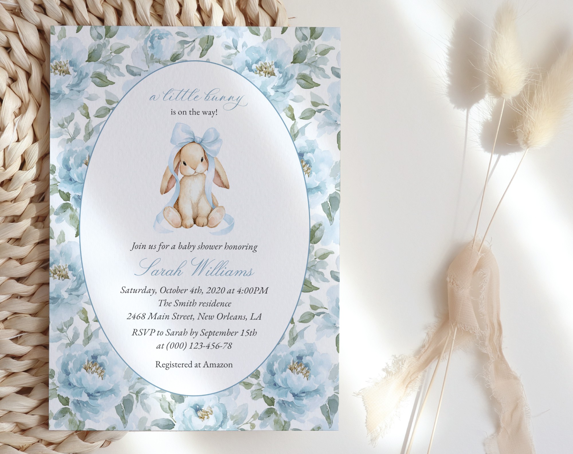 Bunny and Blue Flowers Baby Shower Invitation, Boy Baby Shower, Printable File, Edit Yourself, SH261 Bunny and Blue Flowers Baby Shower Invitation, Boy Baby Shower, Printable File, Edit Yourself, SH261