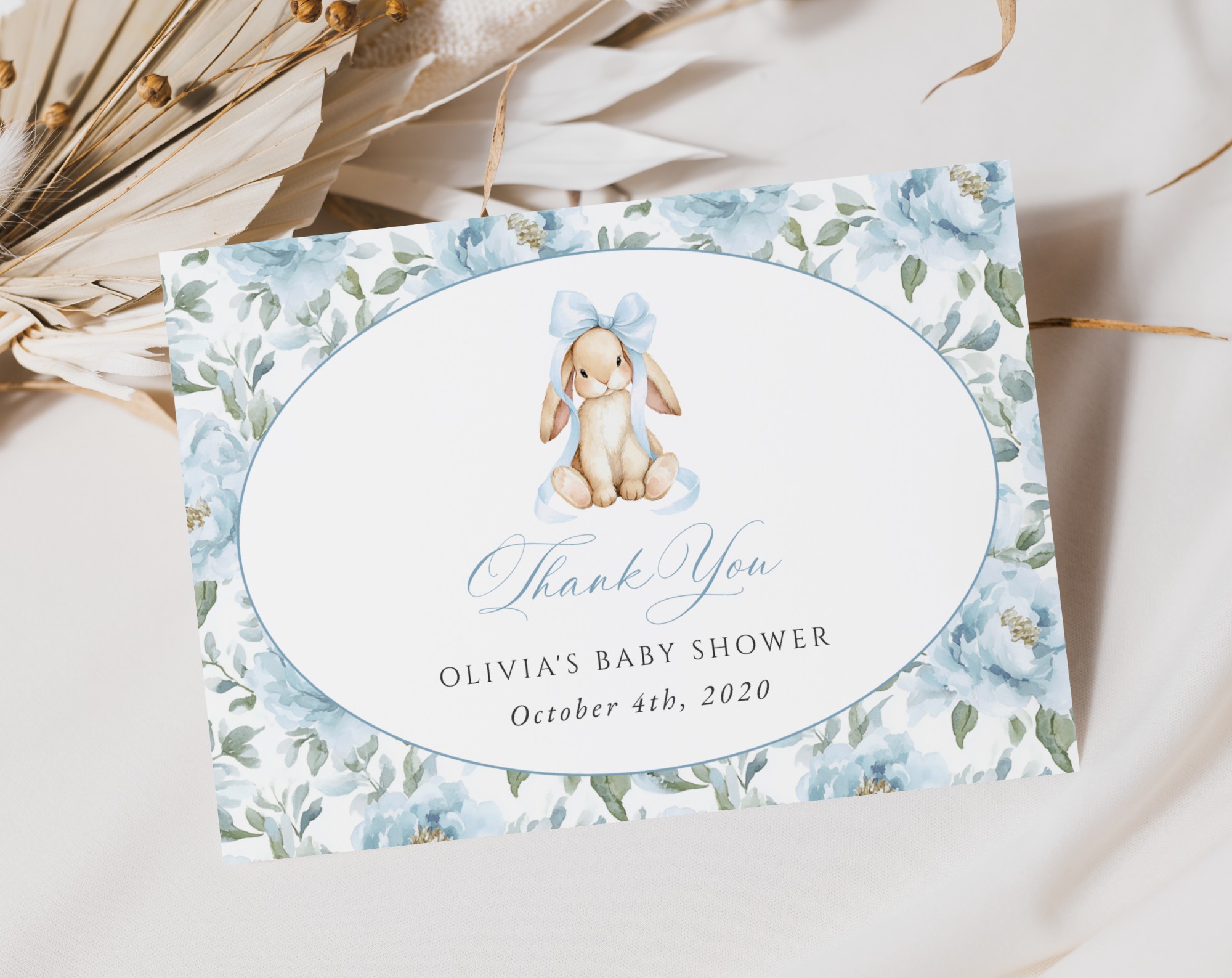 Bunny and Blue Flowers Thank You Card, Boy Baby Shower, Printable File, Edit Yourself, SH261