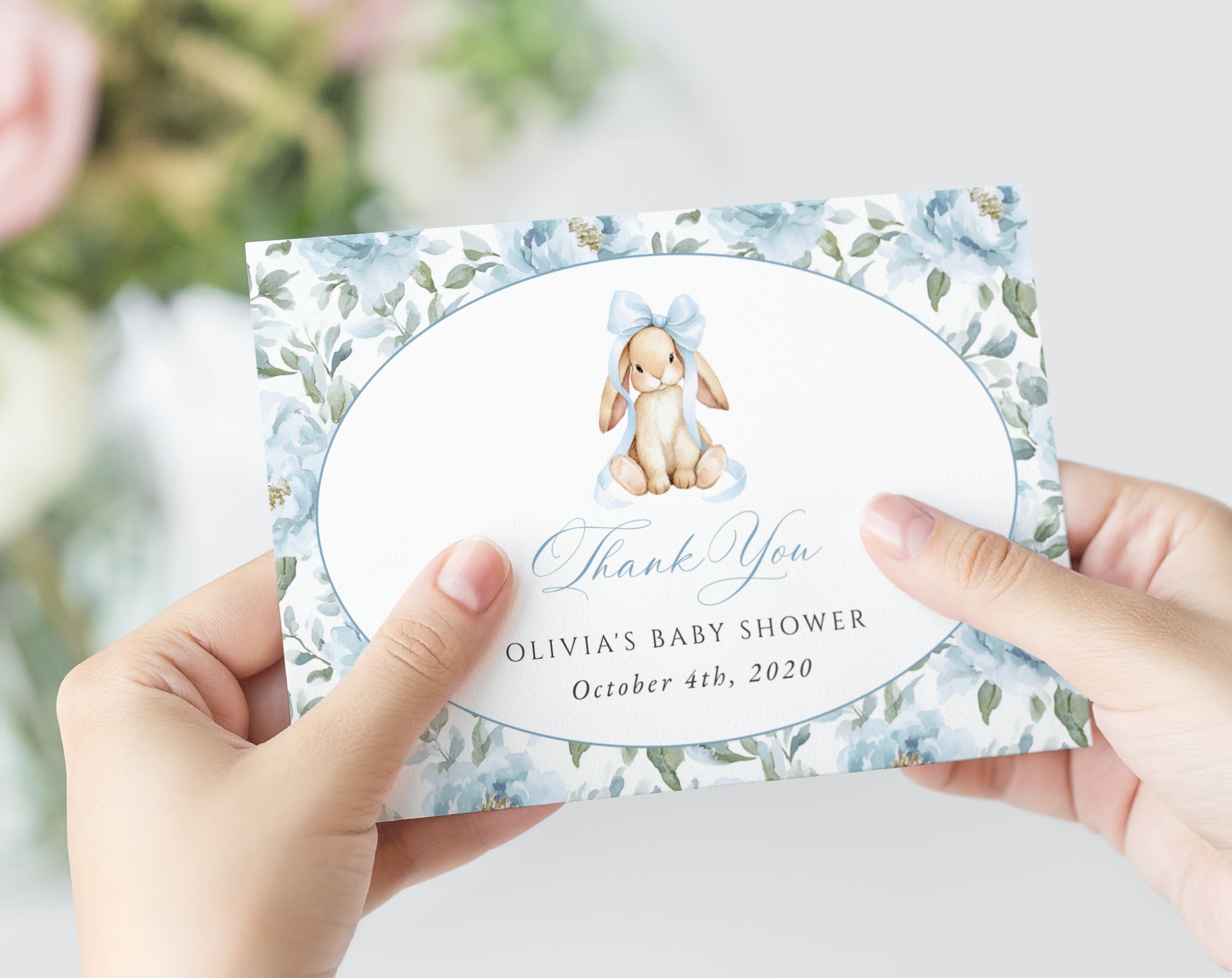Bunny and Blue Flowers Thank You Card, Boy Baby Shower, Printable File, Edit Yourself, SH261