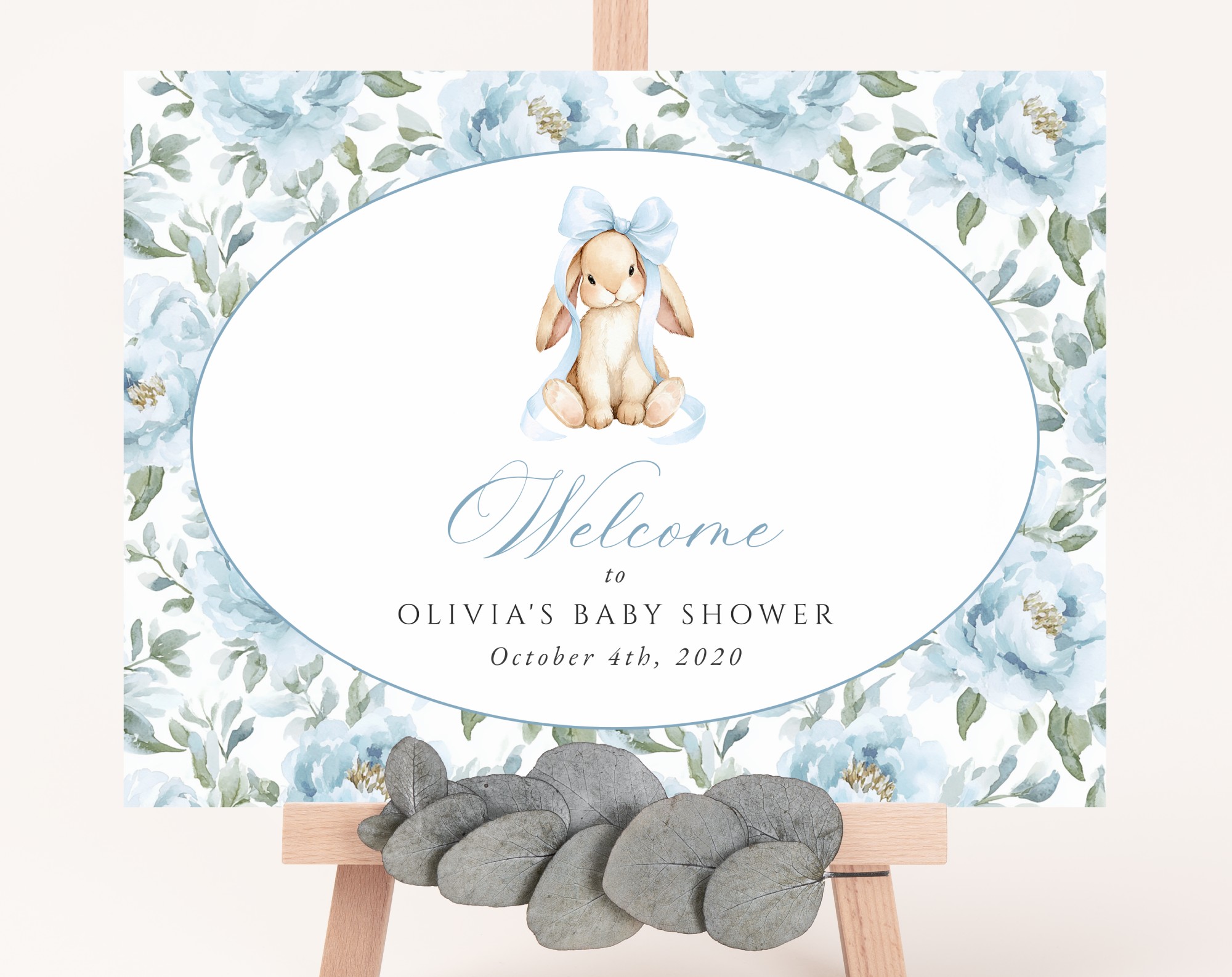 Bunny and Blue Flowers Welcome Sign, Baby Shower Sign, Boy Baby Shower, Printable File, Edit Yourself, SH261