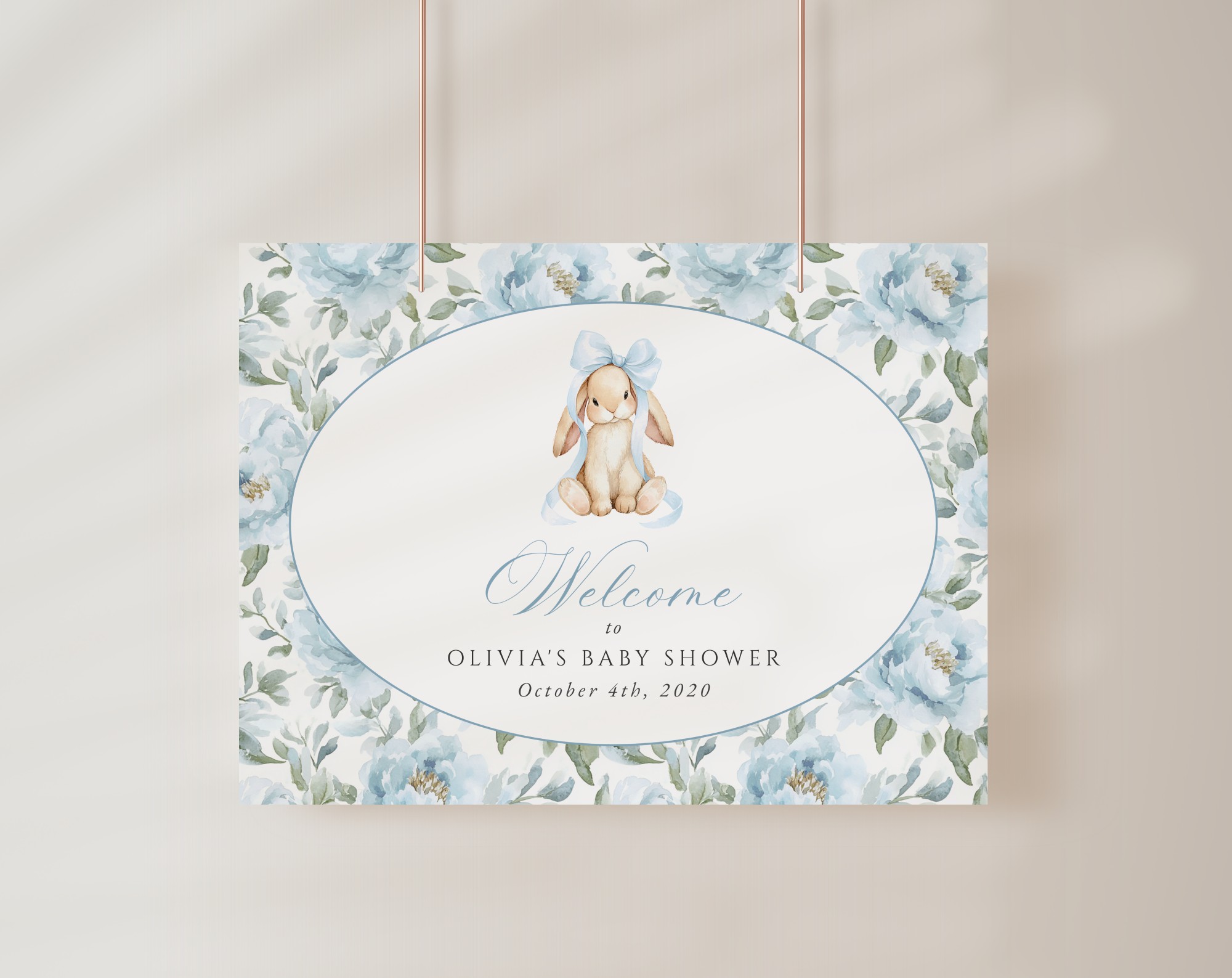 Bunny and Blue Flowers Welcome Sign, Baby Shower Sign, Boy Baby Shower, Printable File, Edit Yourself, SH261