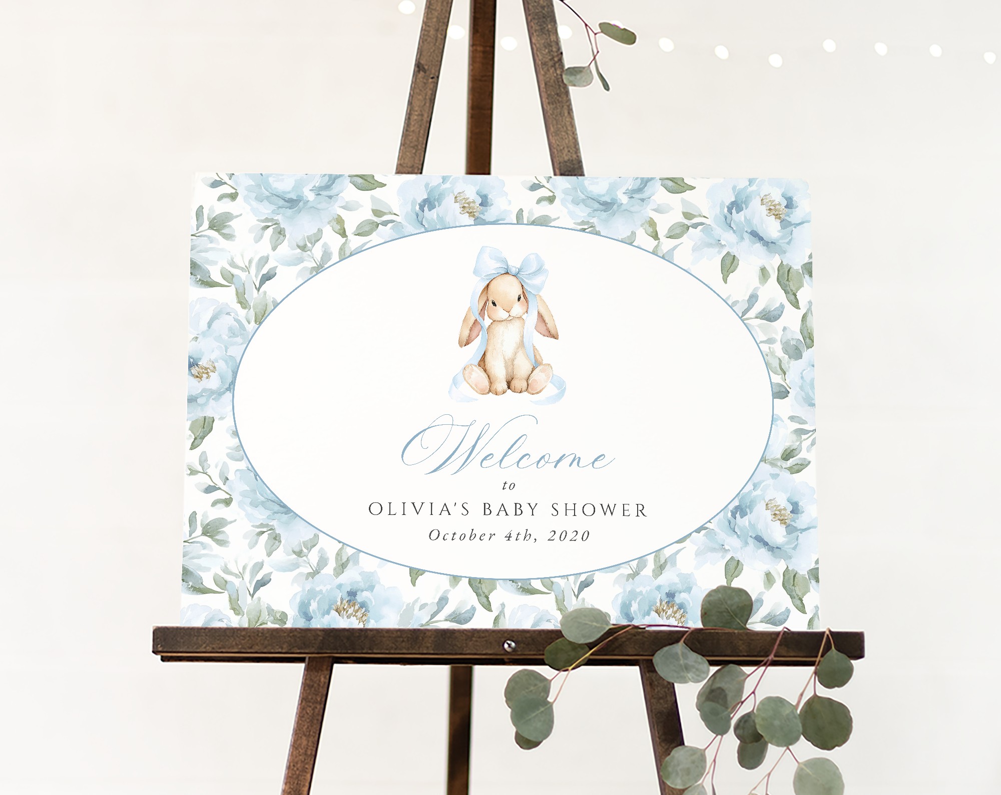 Bunny and Blue Flowers Welcome Sign, Baby Shower Sign, Boy Baby Shower, Printable File, Edit Yourself, SH261