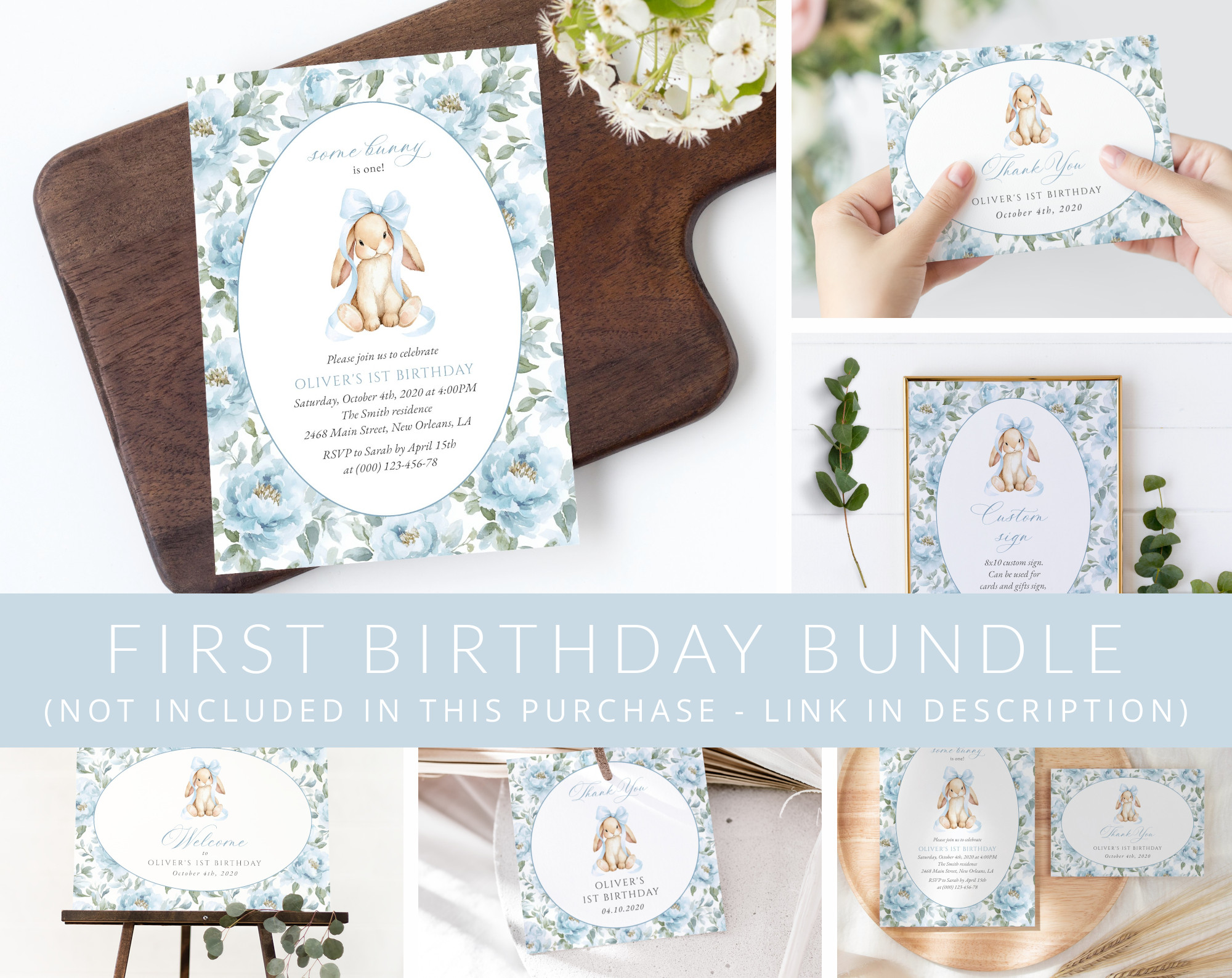Bunny and Blue Flowers First Birthday Mini Bundle, Boy Birthday, Printable File, Edit Yourself, SH262 Bunny and Blue Flowers First Birthday Mini Bundle, Boy Birthday, Printable File, Edit Yourself, SH262