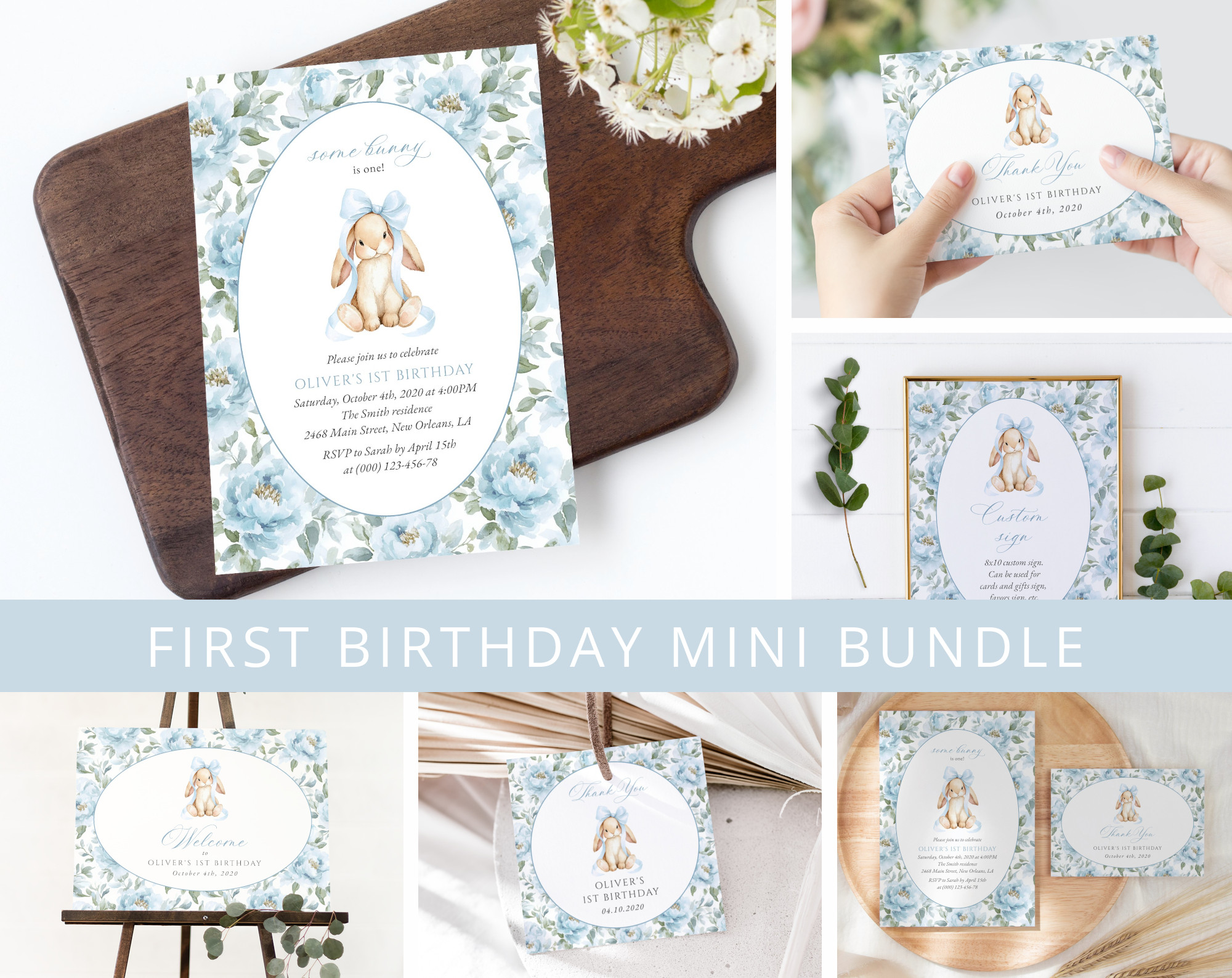 Bunny and Blue Flowers First Birthday Mini Bundle, Boy Birthday, Printable File, Edit Yourself, SH262 Bunny and Blue Flowers First Birthday Mini Bundle, Boy Birthday, Printable File, Edit Yourself, SH262