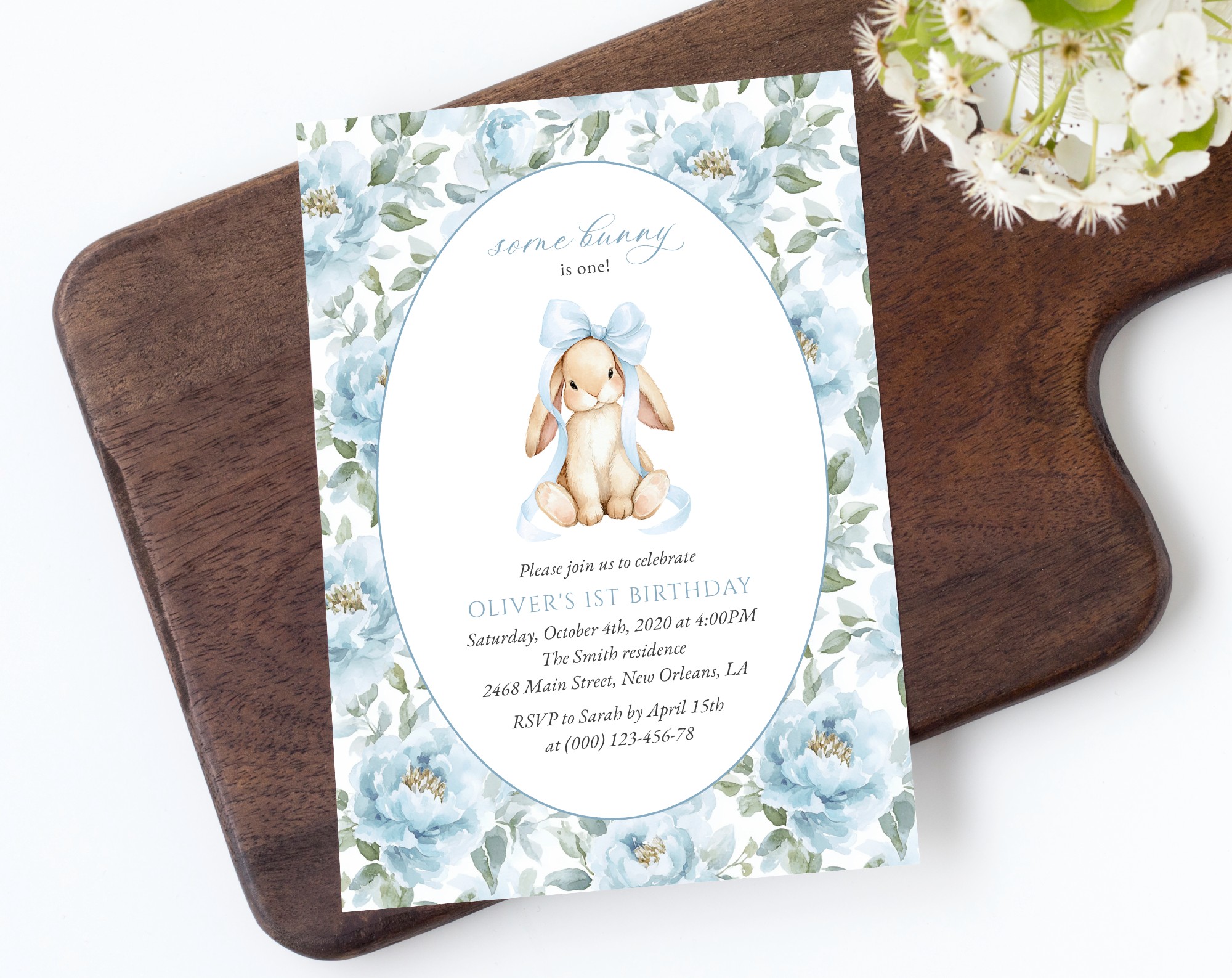 Bunny and Blue Flowers First Birthday Invitation, Birthday Stationery, Boy Birthday, Printable File, Edit Yourself, SH262 Bunny and Blue Flowers First Birthday Invitation, Birthday Stationery, Boy Birthday, Printable File, Edit Yourself, SH262