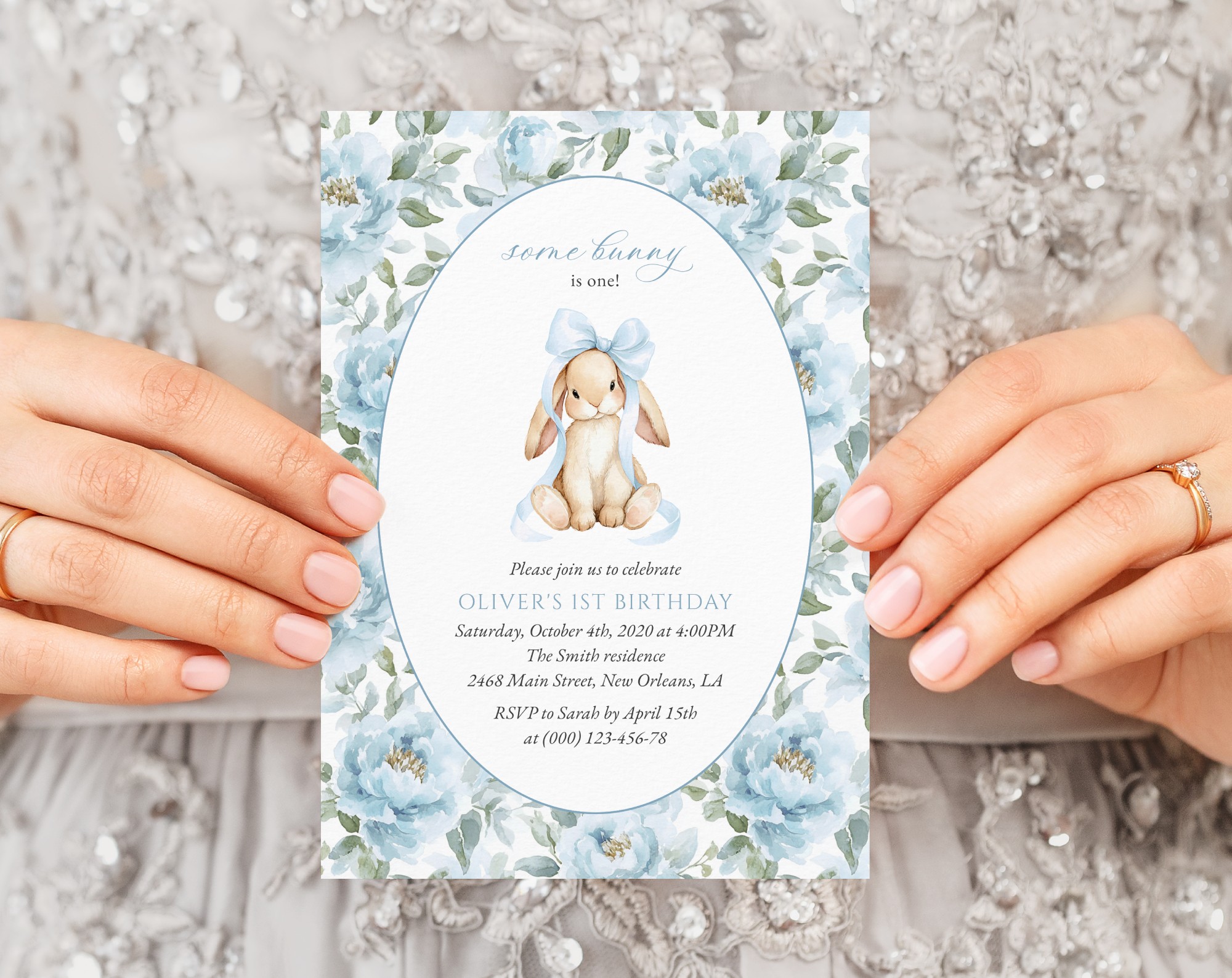 Bunny and Blue Flowers First Birthday Invitation, Birthday Stationery, Boy Birthday, Printable File, Edit Yourself, SH262 Bunny and Blue Flowers First Birthday Invitation, Birthday Stationery, Boy Birthday, Printable File, Edit Yourself, SH262