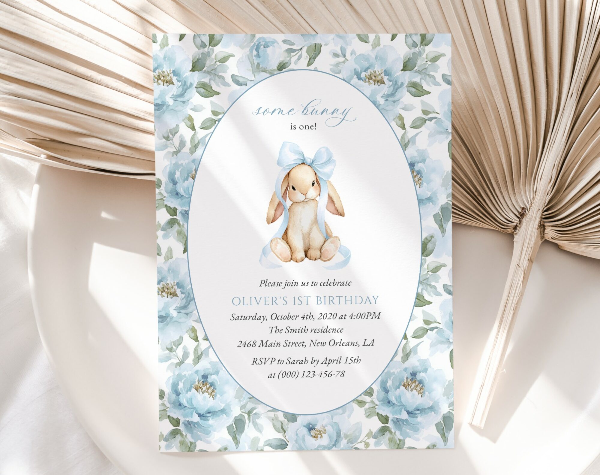 Bunny and Blue Flowers First Birthday Invitation, Birthday Stationery, Boy Birthday, Printable File, Edit Yourself, SH262 Bunny and Blue Flowers First Birthday Invitation, Birthday Stationery, Boy Birthday, Printable File, Edit Yourself, SH262