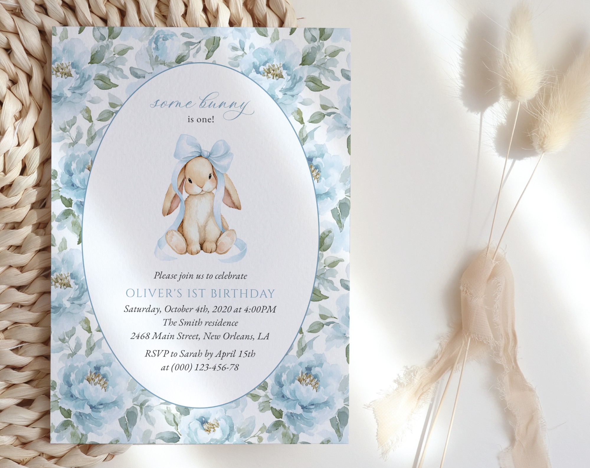 Bunny and Blue Flowers First Birthday Invitation, Birthday Stationery, Boy Birthday, Printable File, Edit Yourself, SH262 Bunny and Blue Flowers First Birthday Invitation, Birthday Stationery, Boy Birthday, Printable File, Edit Yourself, SH262