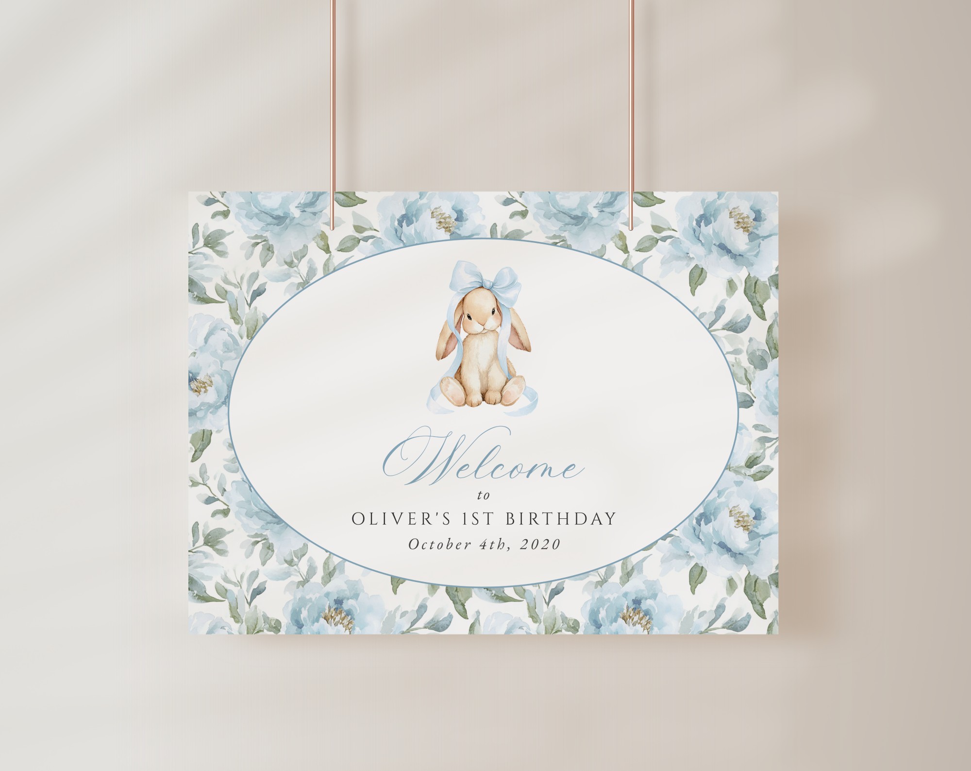 Bunny and Blue Flowers Welcome Sign, First Birthday, Boy Birthday, Printable File, Edit Yourself, SH262 Bunny and Blue Flowers Welcome Sign, First Birthday, Boy Birthday, Printable File, Edit Yourself, SH262