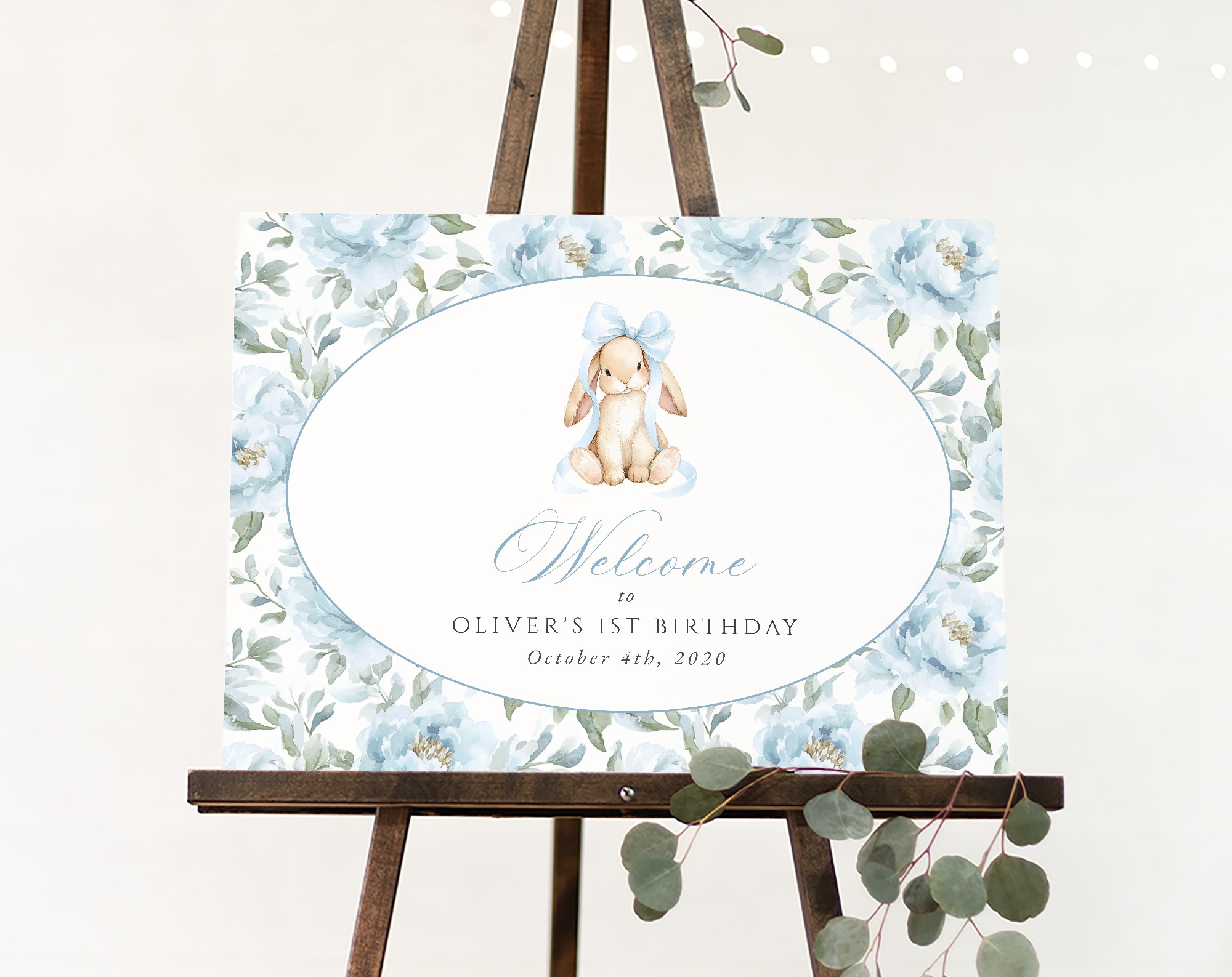 Bunny and Blue Flowers Welcome Sign, First Birthday, Boy Birthday, Printable File, Edit Yourself, SH262 Bunny and Blue Flowers Welcome Sign, First Birthday, Boy Birthday, Printable File, Edit Yourself, SH262