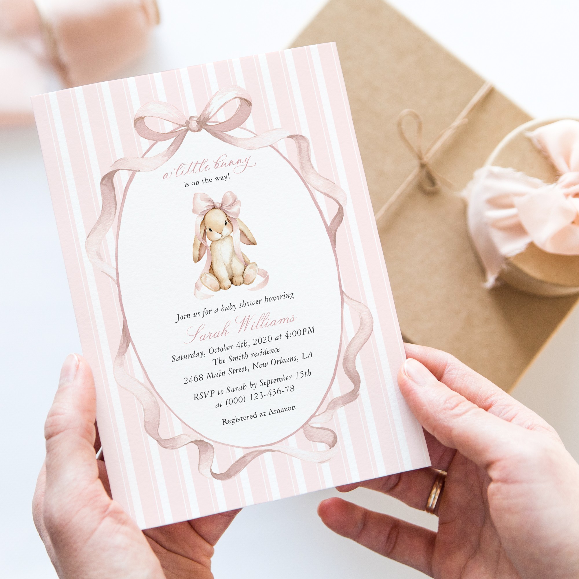 Bunny and Pink Stripes Baby Shower Invitation, Girl Baby Shower, Printable File, Edit Yourself, SH247
