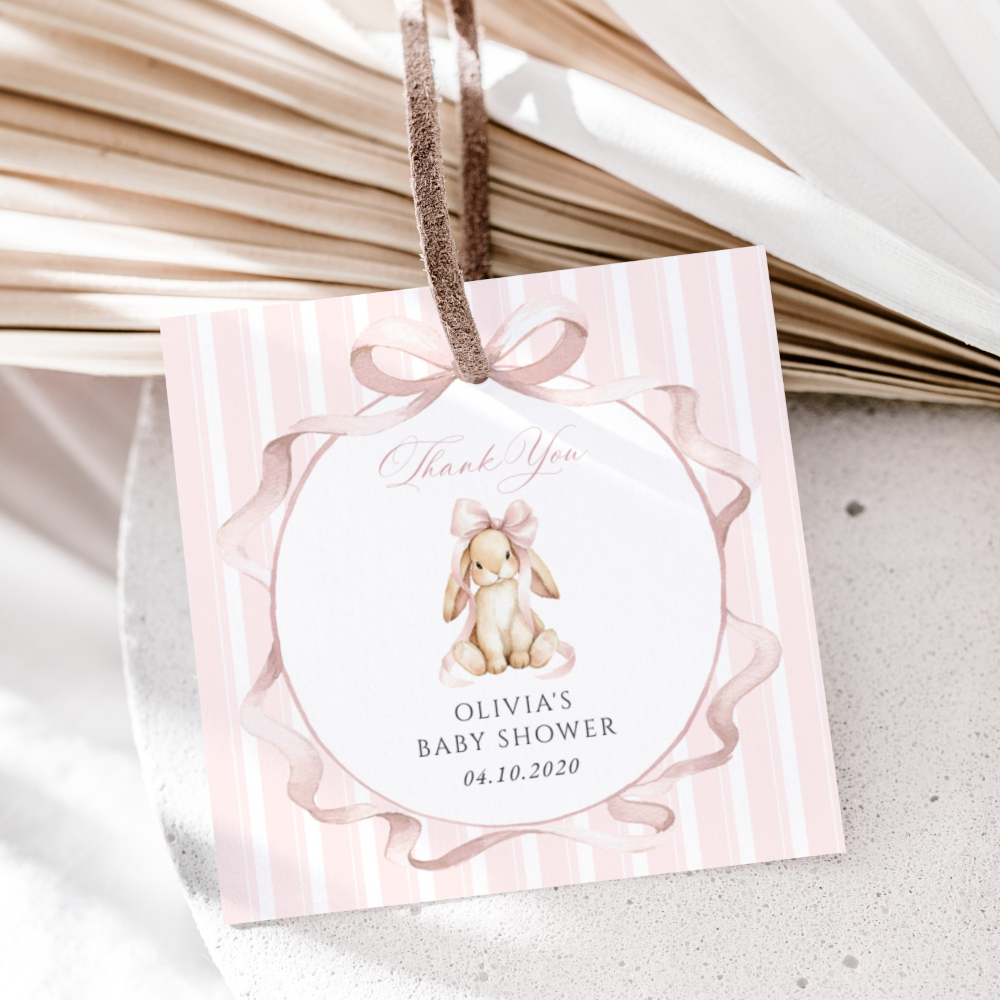 Bunny and Pink Stripes Favor Tags, Gift Tags, Girl Baby Shower, Printable File, Edit Yourself, SH247