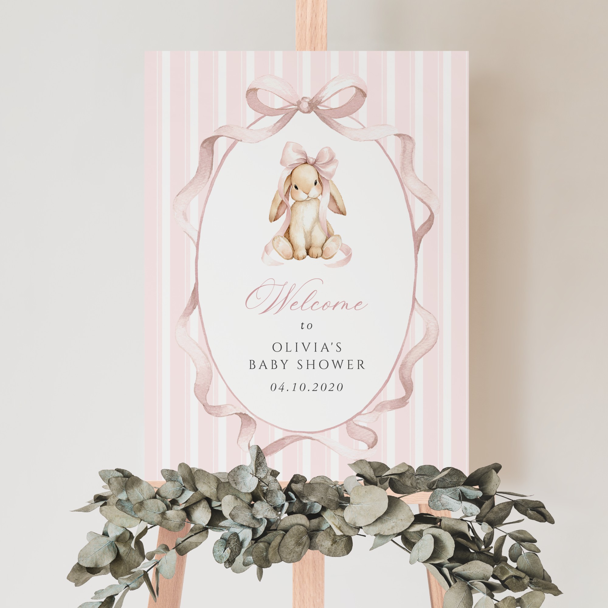 Bunny and Pink Stripes Welcome Sign, Baby Shower Sign, Girl Baby Shower, Printable File, Edit Yourself, SH247