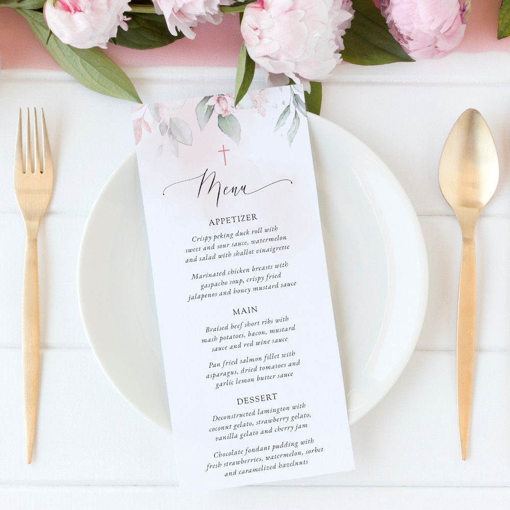 Blush Pink Flowers Menu, Baptism, First Holy Communion, Printable File, Edit Yourself, SH142 SH143