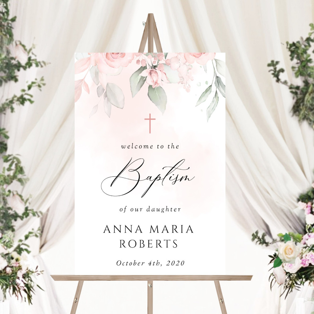 Blush Pink Flowers Welcome Sign, Baptism Sign, Printable File, Edit Yourself, SH142